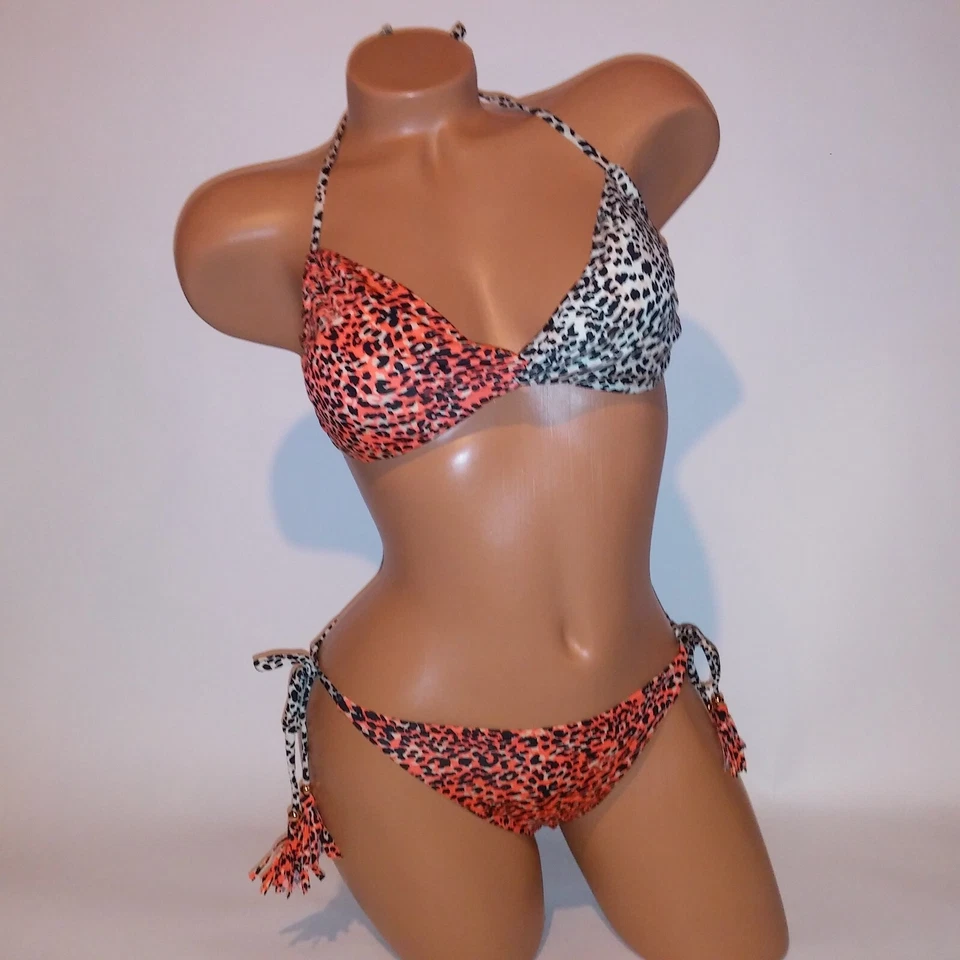 Bikini de natación H&M talla 10 naranja crema negro leopardo cuerda bikini halter atado Foto 3 de 4