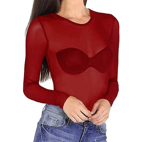 Womens Mesh Sheer See-Through Long Sleeve Summer Crop Tops T-Shirt Blouse Tee - Picture 18 of 23