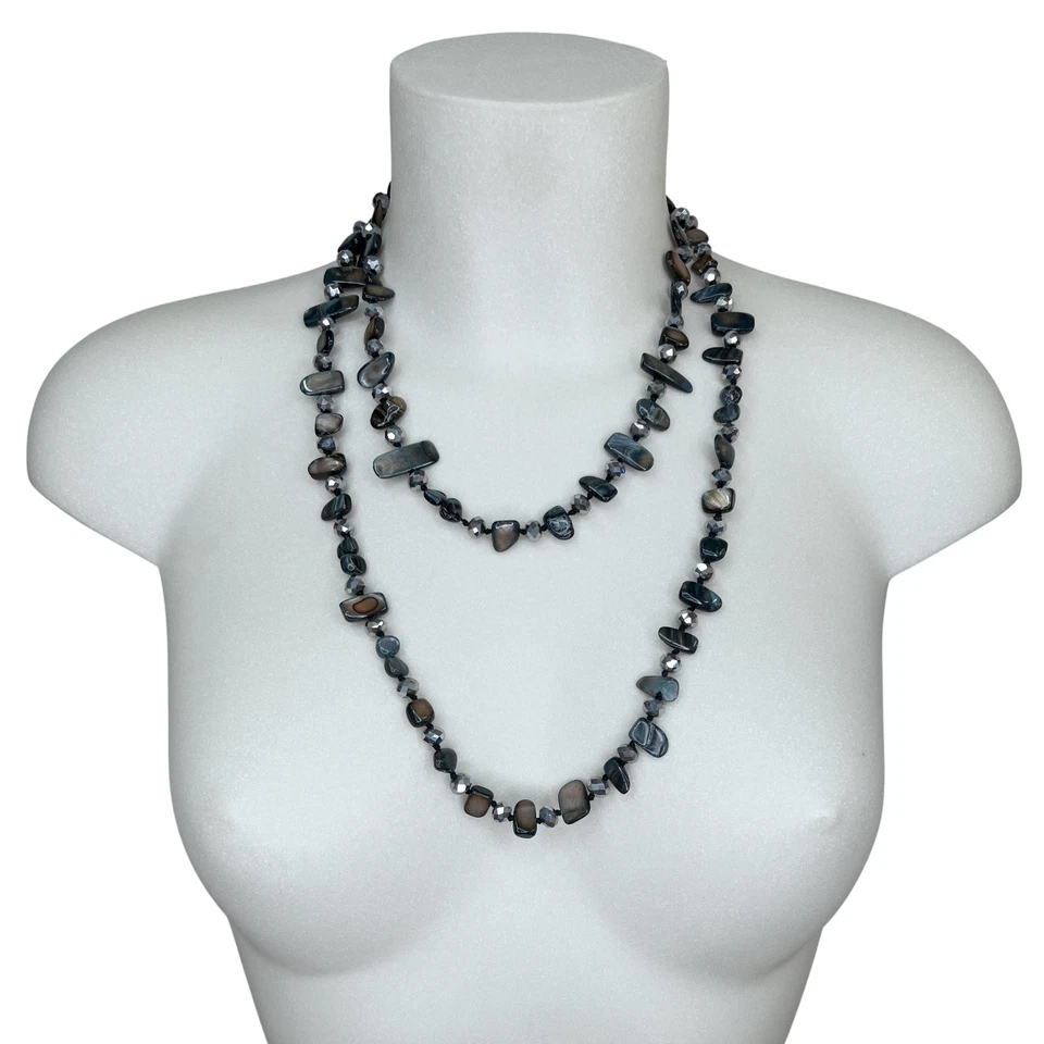 Nero Argent Collana Madreperla Cristallo Pietre Dure Filo Lungo Donna 110cm M/36 - Immagine 2 di 2