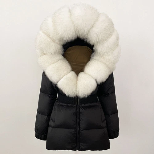 Winterjacke Damen echt Fuchspelz Kapuze dick warm weiß Entendaunenmantel - Bild 24 von 35