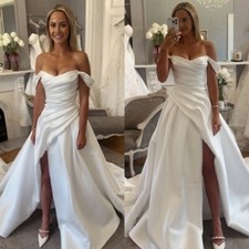 Beading Wedding Dresses Off Shoulder Satin Sweep Train White Ivory Bridal Gowns