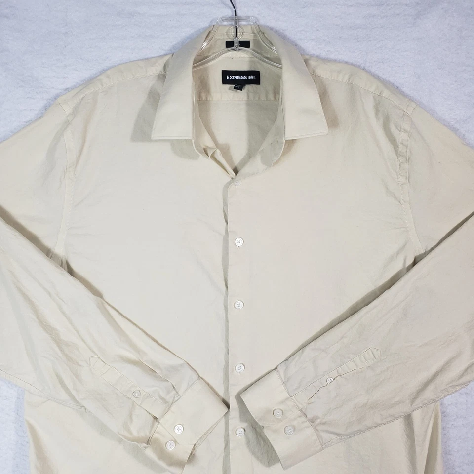 Camisa de vestir Express 1MX para hombre 2XL 2XLarge marfil calce ajustado plisada espalda manga larga Foto 2 de 4
