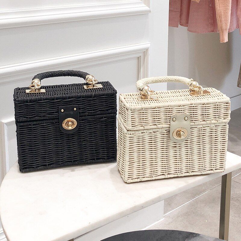 Black Straw Shoulder Bag Handwoven 19*14*7CM Bag Beach Square Box