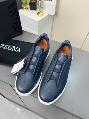 Zegna Luxury Mens Deerskin Triple Stitch Sneakers Navy EU 39-46