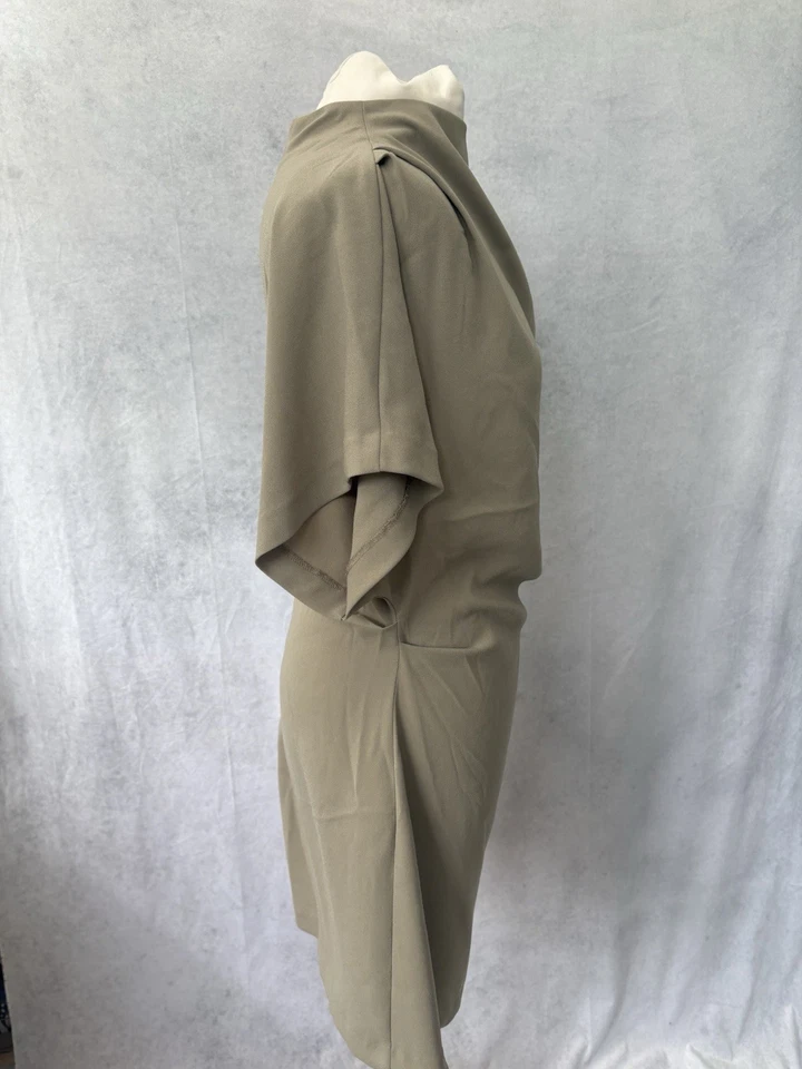 H&M Olive Green Crepe Dress Size M Short Sleeve Ruched Sides Knee Length - Image 3 of 4