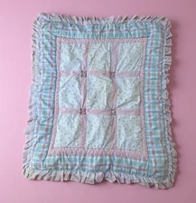 VTG Y2K 90’s Baby Blanket Crib Quilt Nojo Pastel Plaid Floral Eyelet Trim EUC