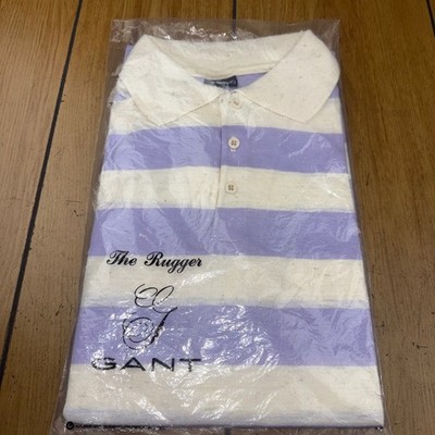 Gant The Rugger Vintage Striped Polo Shirt Purple White Cotton Knit Mens XL