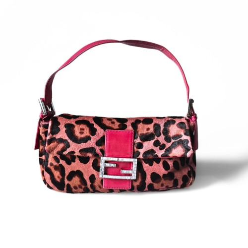 Fendi Baguette Vintage Pink Leopard Print Pony Hair Crystal Buckle Detail
