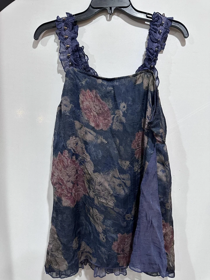 Pretty Angel Top Mujer Grande Azul Floral Encaje Volantes Boho Transparente Mezcla Seda Hada Foto 3 de 4