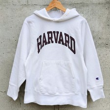   Rare  80s Champion Reverse Weave Hoodie HARVARD Print White USA Made Small
