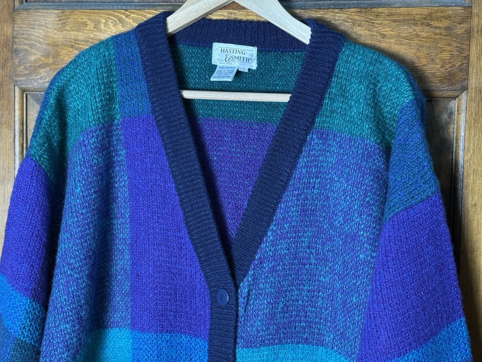 Cárdigan Suéter Vintage Años 80’s/90’s Acogedor Retro Bloque de Color Cuello en V Talla Grande Foto 4 de 4