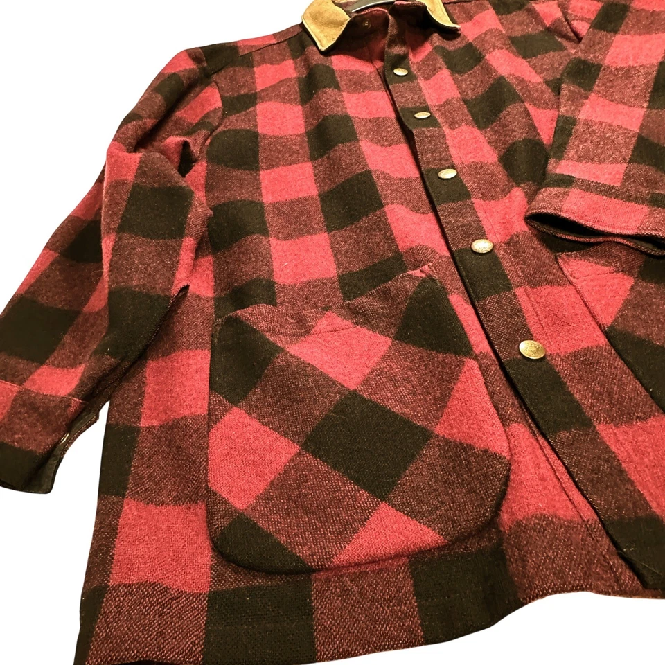 VTG Virgin Wool Coat Jacket XL Original JAMES McKENZIE Buffalo Plaid Red Black - Image 3 of 4
