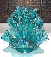 Vintage Fenton Art Glass Teal Carnival GLOWS Diamond Lace 3 Horn Epergne 9.5