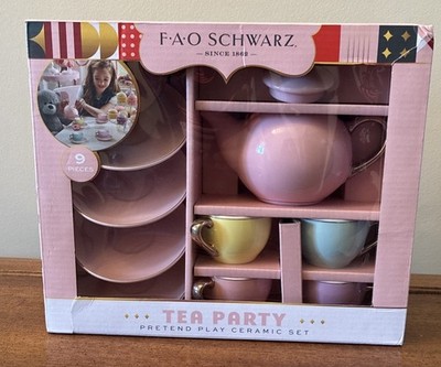 FAO SCHWARZ Ceramic Kids Tea Party 9 Piece Set  Gold Trim   