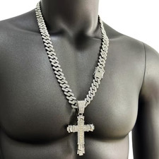Men's Bling Silver Cuban Chain Cross Crucifix Pendant Necklace With CZ Gemstone