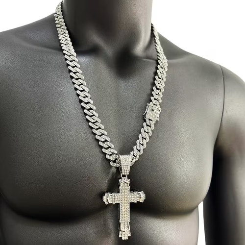 Men's Bling Silver Cuban Chain Cross Crucifix Pendant Necklace With CZ Gemstone