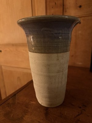 Handmade Glossy Beige and Blue Ceramic Vase with Rustic Studio Art Pottery