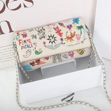 Zadig Voltaire White Leather Graffiti Crossbody Bag Dual Chain Strap 27x15cm