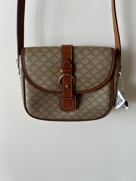 Celine Beige Monogram Canvas Shoulder Bag Brown Leather Trim Gold Hardware