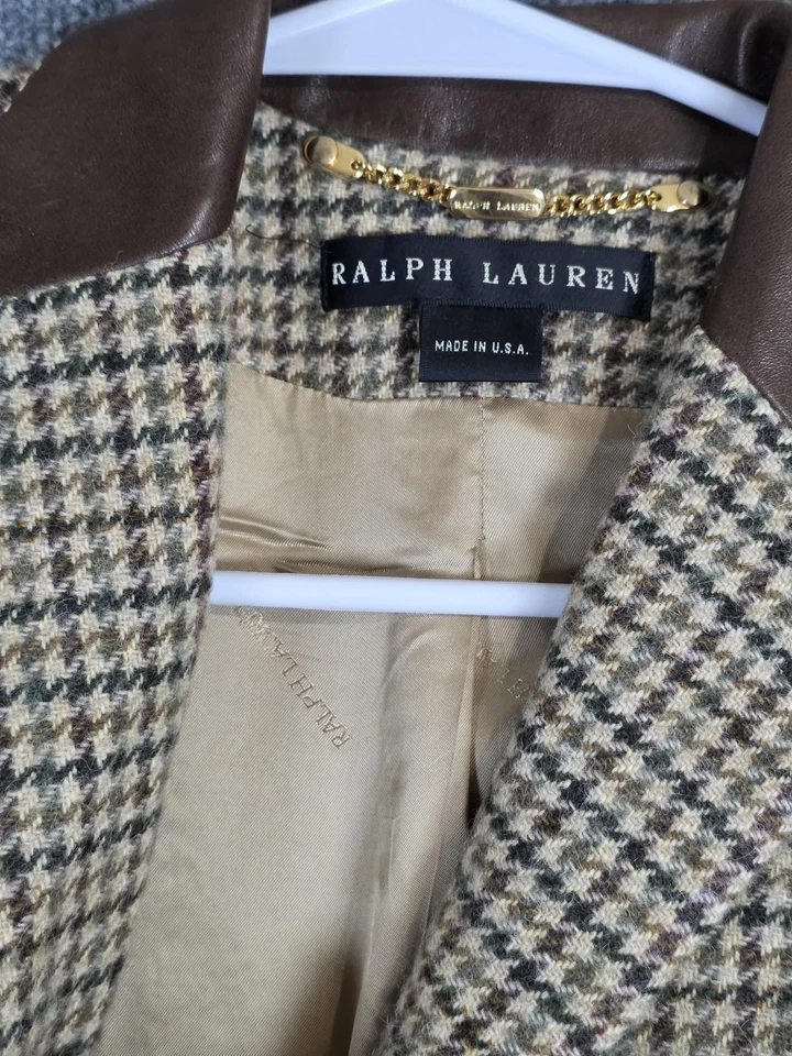 Blazer Ralph Lauren para mujer 10 pata de gallo tweed cachemir cuero cuello hecho en EE. UU. Foto 3 de 4