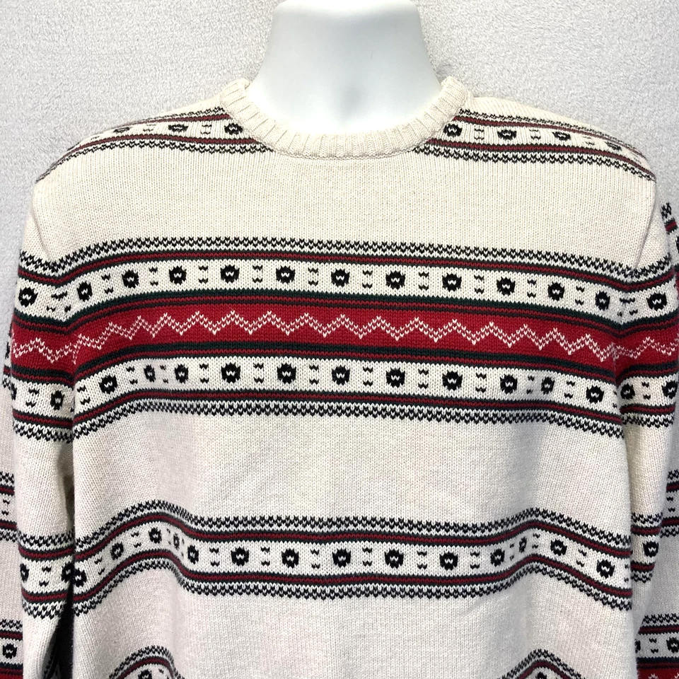 Chaps Fair Isle Holiday Sweater Mens Large Cream Cotton Crewneck Red Black Knit - Image 3 of 4
