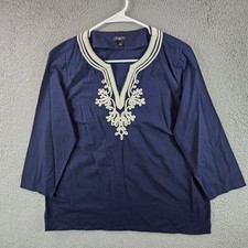 Talbots Petites Navy Blue Embroidered V-Neck Cotton Tunic Top LP