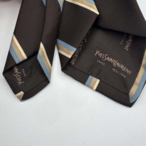 Vintage YVES SAINT LAURENT Brown, Blue, Tan Striped Men’s Tie Necktie Silk Tie - Picture 4 of 7