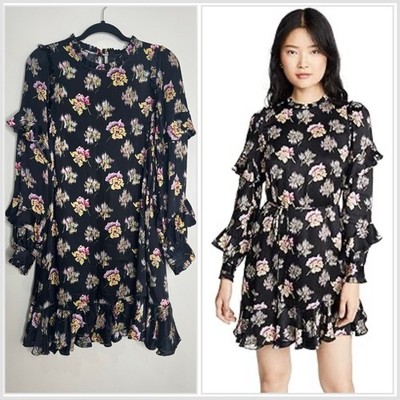 Needle & Thread Black Floral Ruffle Long Sleeve Mini Dress Size 10 Dark Romantic