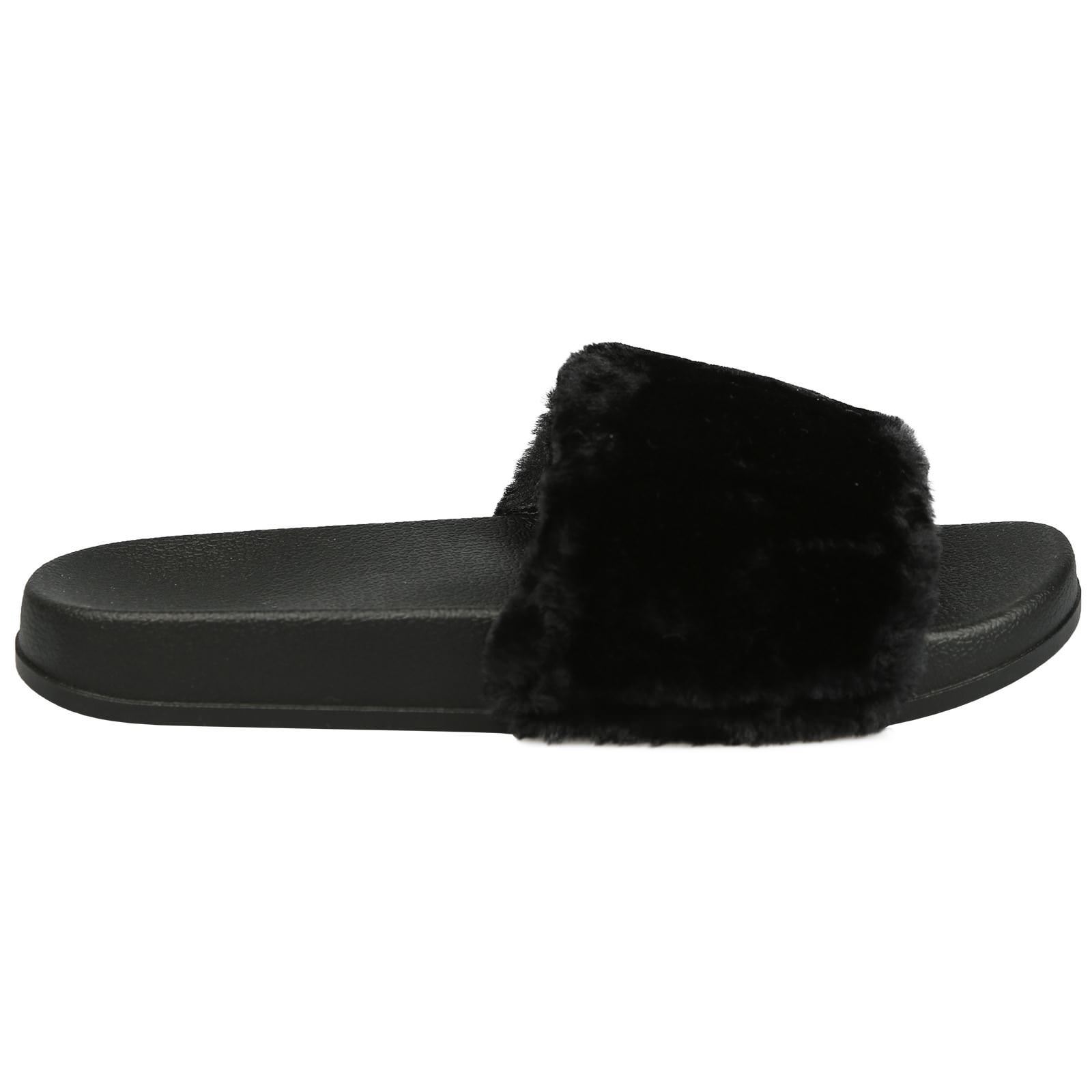 Ladies Women Fluffy Farrah Fur Rubber Slippers Sliders Slip Flops