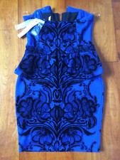 Women's Lipsy Bodycon Blue Black Sexy Bandeau Flocked Dress Party UK 12 ~BNWT~
