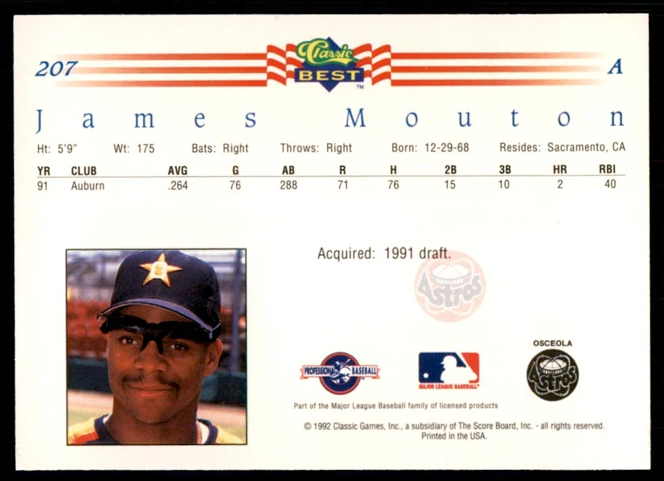 1992 Classic Best James Mouton Baseball Cards #207 - Image 2 of 2