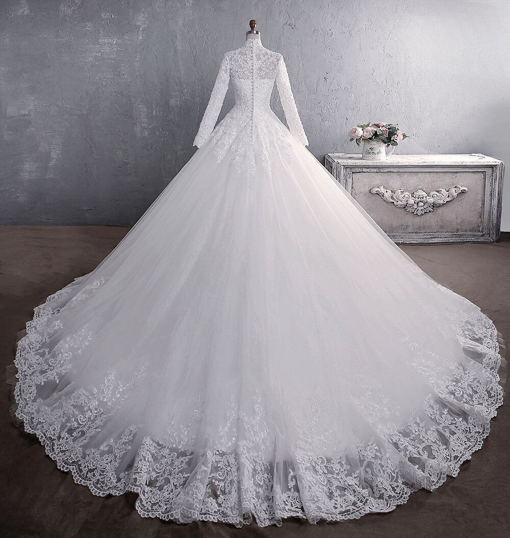 Brautkleid Hochzeitskleid Kleid Langarm Spitze mit Stehkragen für Braut