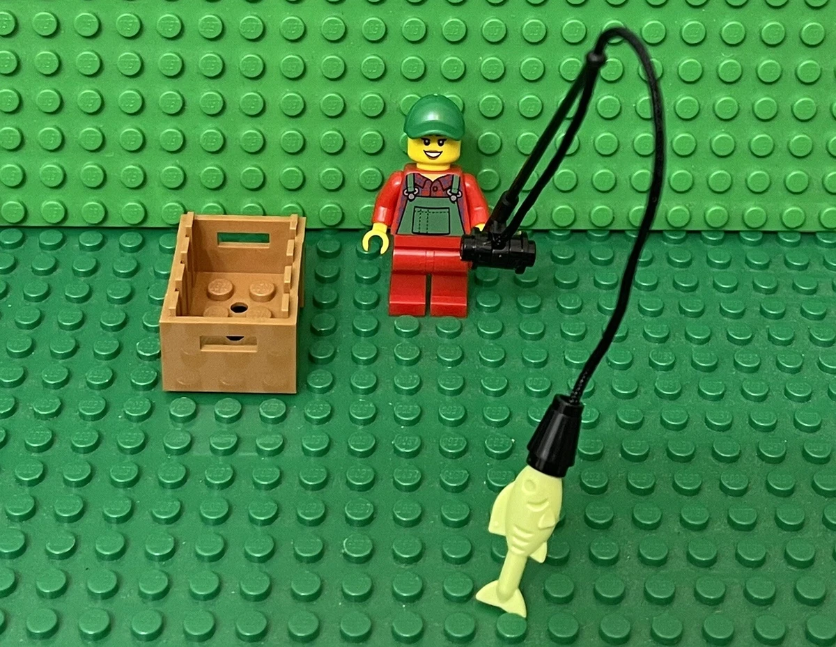 Lego City Female Mini Figure With Fishing Rod / Cane,yellowish Green Fish,crate