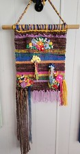 Hippie Boho Weaving Yarn  Embroidery Macrame Floral Colorful Wall Art 18"x32"