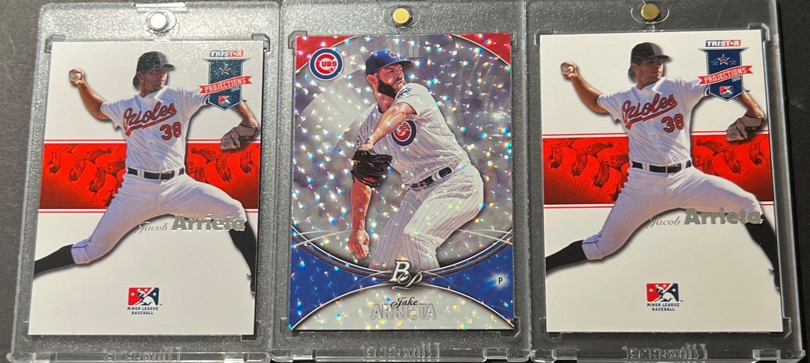 2ct. 2008 TRISTAR - JAKE ARRIETA RC's +2016 Bowman Platinum SILVER ICE REFRACTOR