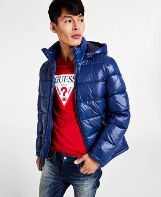 $225 Guess Men's Blue Hooded Quilted Puffer Coat Jacket Size