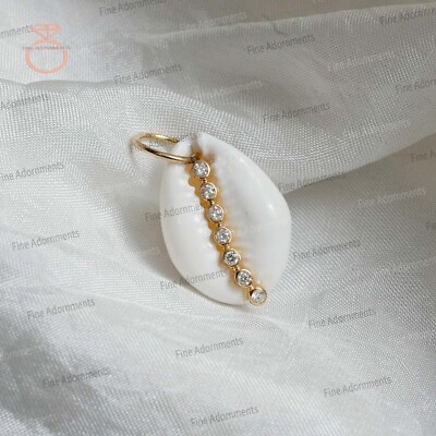 Solid 14k Yellow Gold Shell Charm Pendant Natural Diamond Cowrie Shell Finding