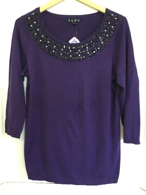 NWT FADE BRAND Purple Knit Sweater L 3/4 Sleeve Round Black Bejeweled Neck 