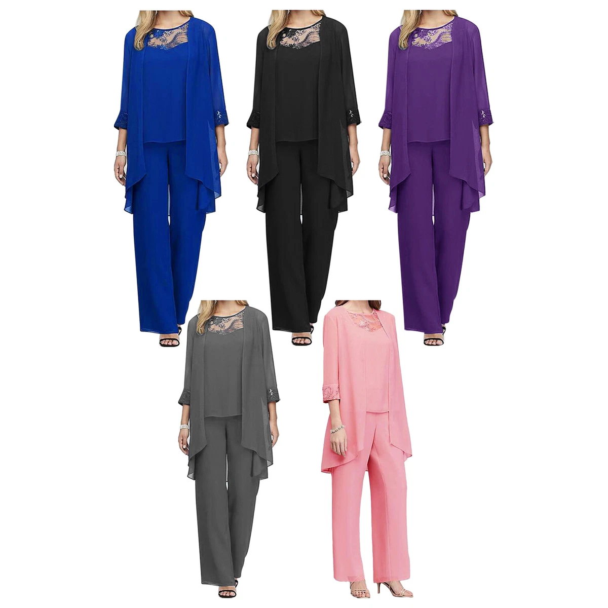 Plus Size Pant Suits Women Elegant Chiffon 3 Pieces Wedding Guest Evening  Outfit