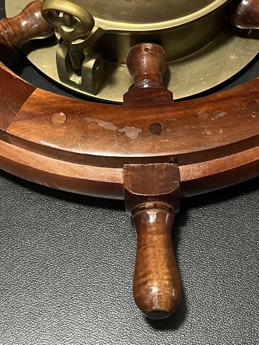 Vintage Antique Wood & Brass Porthole Ship Wheel Wall Clock Quartz