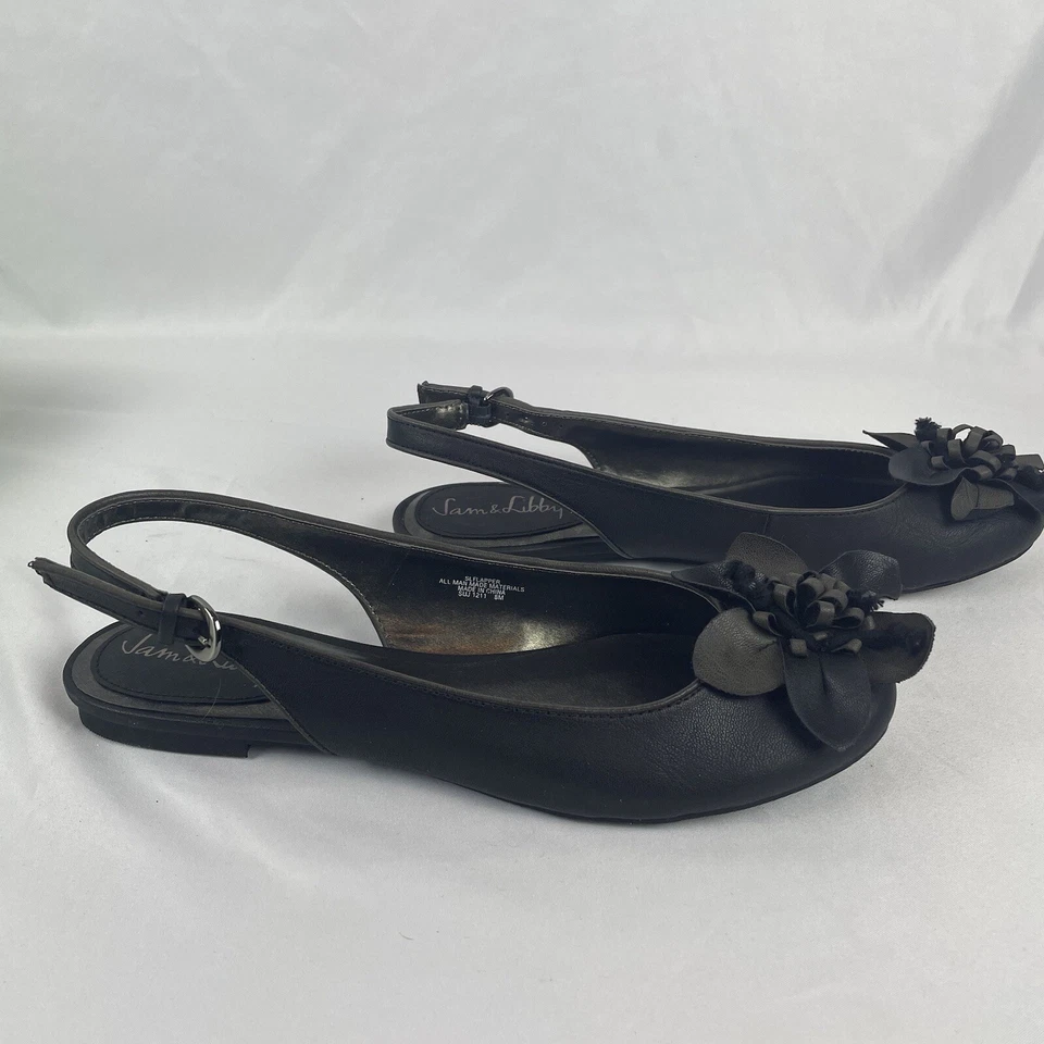 Sam & Libby Flapper Flat Black Slide Sandals Strap Heel Shoe Flower NWT Size 8 - Image 4 of 4