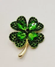 Four Leaf CLOVER Brooch Pin Green Crystal Gold tone St. Patrick's Day LUCKY