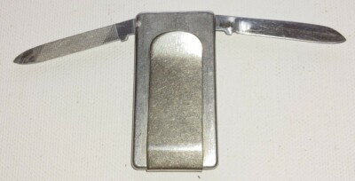 Money Clip silver Tone Etched W/Knife & Nail File Vintage Made In