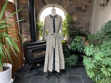 Vintage 1970s Bohemian Navy Blue and Beige Floral Kaftan Dress Loungewear