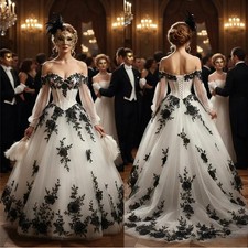 Black Lace Applique Lace-up Back Full Length Long Sleeve Ball Gown Evening Dress