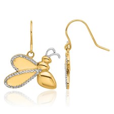 14K Solid Two Tone Gold Bee Honeybee Beekeeper Dangle Earrings