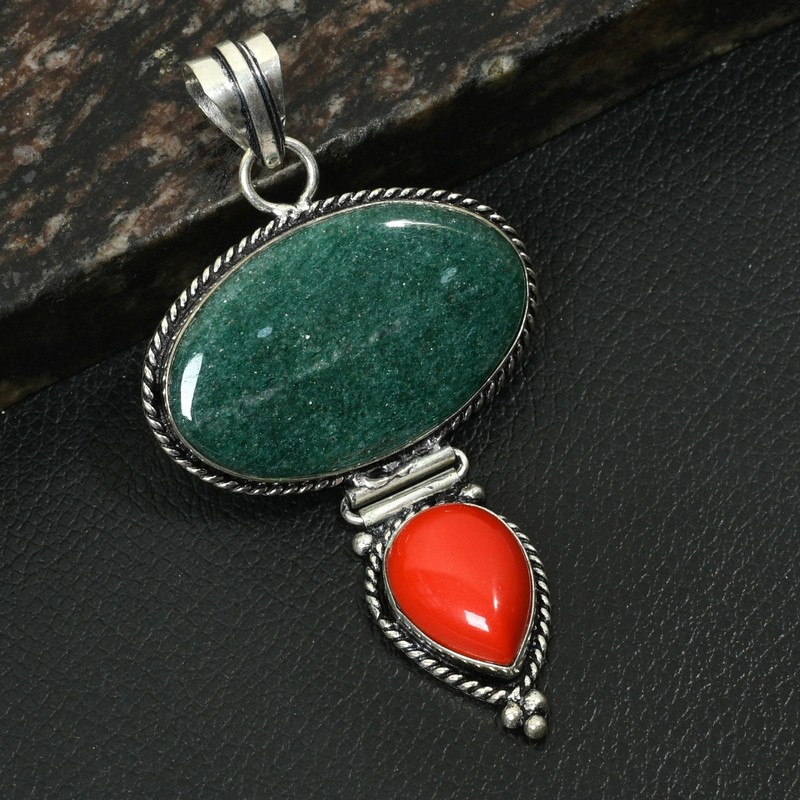 Green Aventurine Coral Gemstone Ethnic Handmade Pendant Jewelry Gift 3" AP-37634