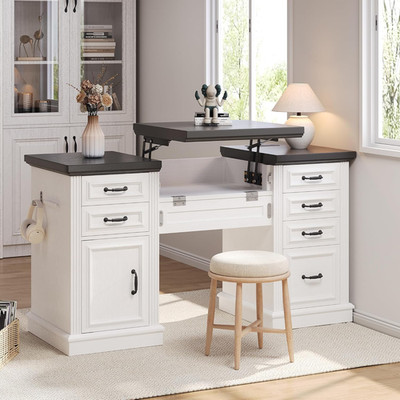 Farmhouse 57'' Lift up Executive Desk with 5 Drawers and Charging Station, Wood H
