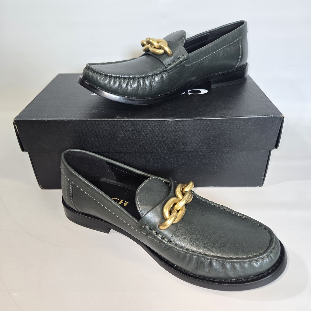 Coach Jess Chain Loafers 7 Green Leather Slip On Womens NIB ($334