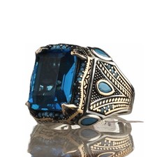 925 Sterling Silver Aquamarine Stone with Turquoise Stones Men Silver Ring,